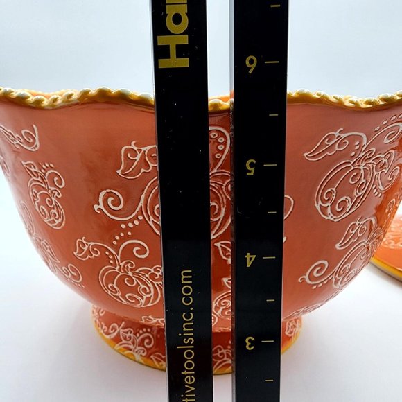 Tara Temptations Pumpkin Floral Lace Serving Bowl w Lid Ovenware Orange 3 quart - Picture 14 of 15